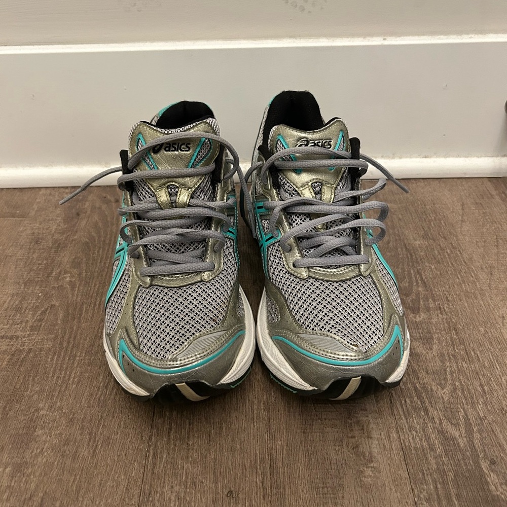 Asics Gray and Blue Sneakers with Mesh Upper and Cushioned Midsole